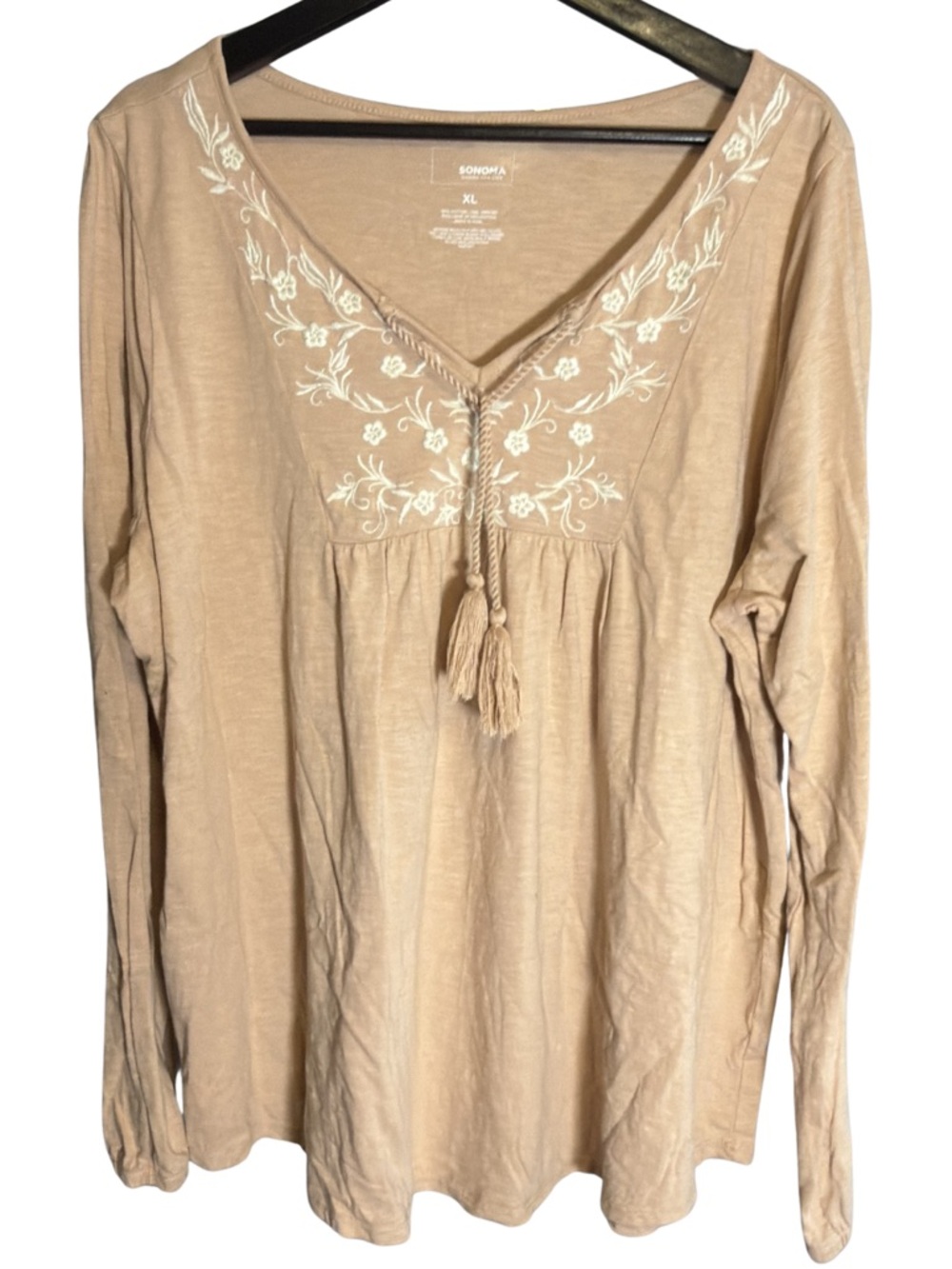 Sonoma Tan Long Sleeve V-Neck Top with White Floral Embroidery (0284)
